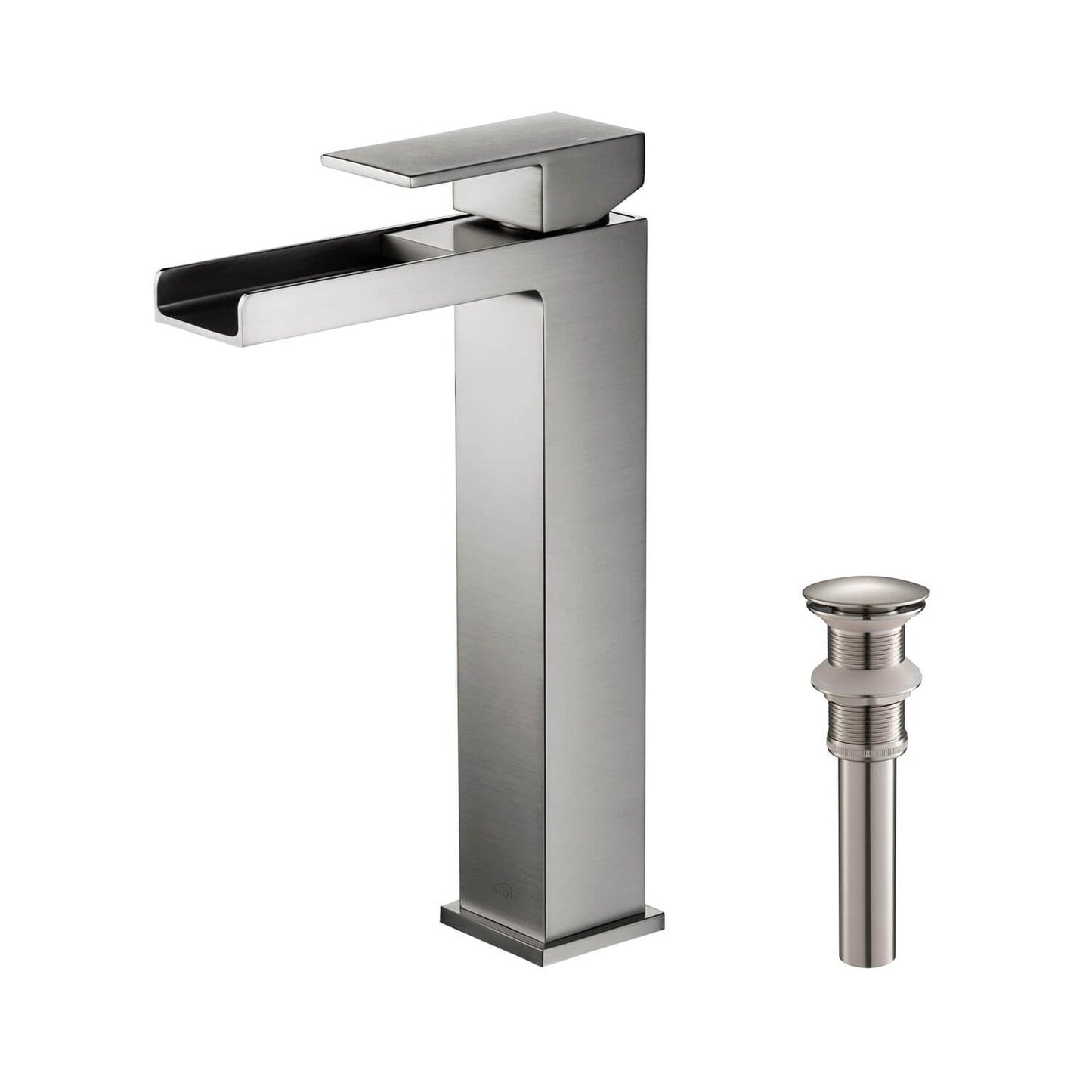 KIBI Waterfall Single Handle Brushed Nickel Solid Brass Bathroom Vanity Vessel Sink Faucet With Pop-Up Drain Stopper Small Cover Without Overflow