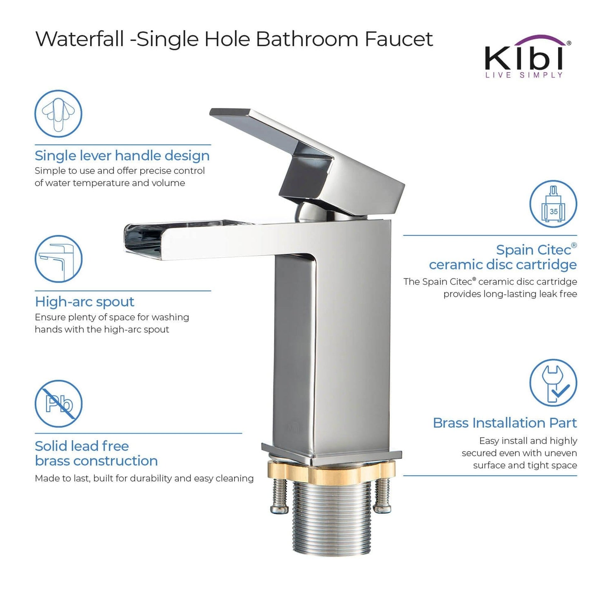 KIBI Waterfall Single Handle Chrome Solid Brass Bathroom Vanity Sink Faucet