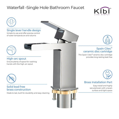 KIBI Waterfall Single Handle Chrome Solid Brass Bathroom Vanity Sink Faucet With Pop-Up Drain Stopper Small Cover With Overflow