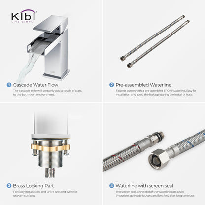 KIBI Waterfall Single Handle Chrome Solid Brass Bathroom Vanity Sink Faucet With Pop-Up Drain Stopper Small Cover With Overflow