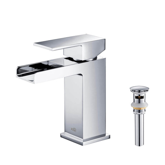 KIBI Waterfall Single Handle Chrome Solid Brass Bathroom Vanity Sink Faucet With Pop-Up Drain Stopper Small Cover With Overflow