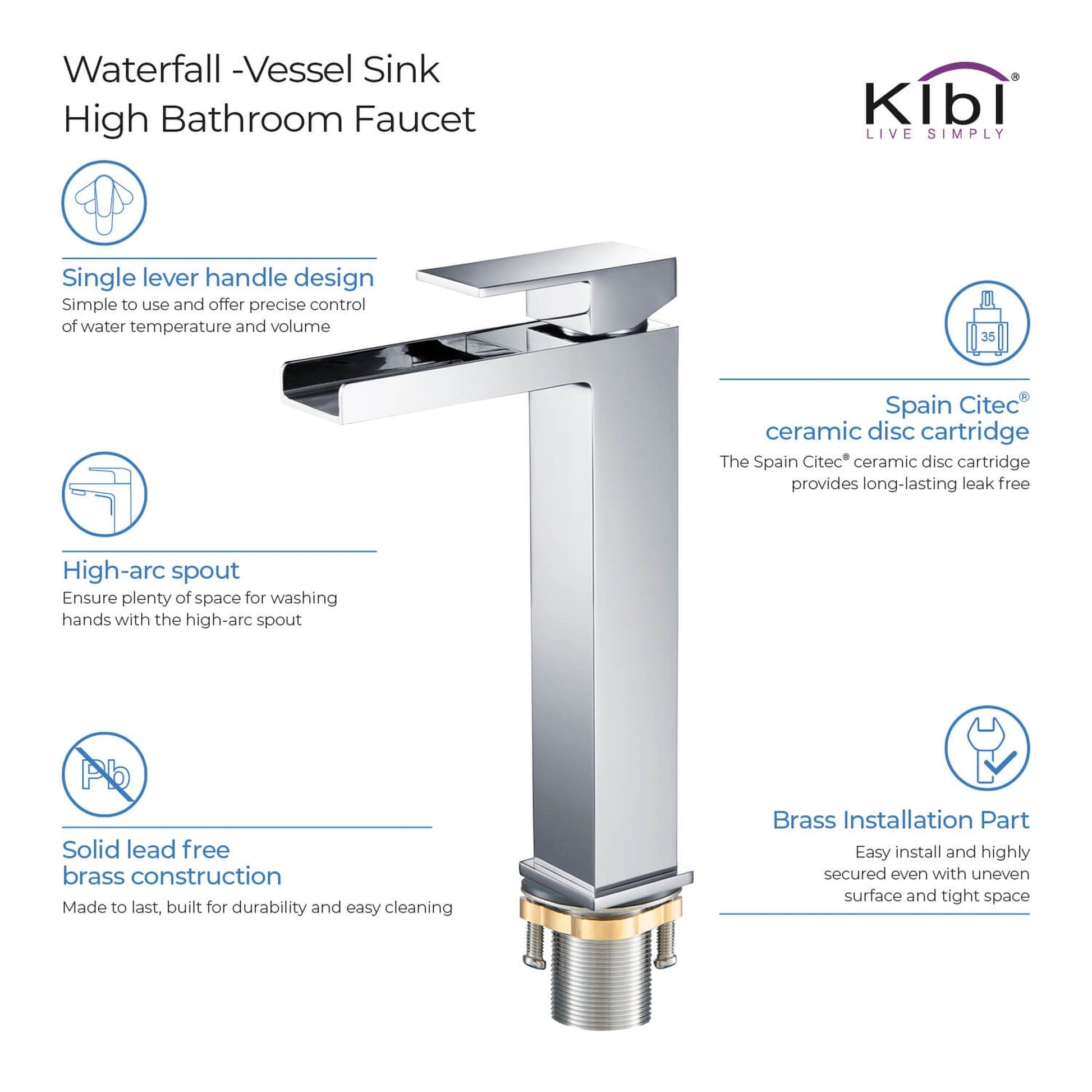 KIBI Waterfall Single Handle Chrome Solid Brass Bathroom Vanity Vessel Sink Faucet