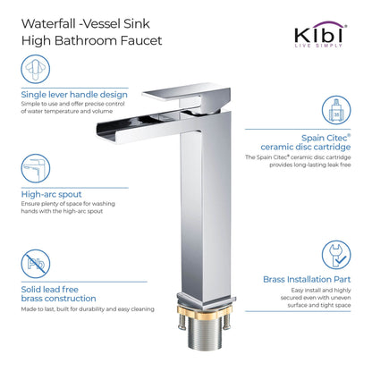 KIBI Waterfall Single Handle Chrome Solid Brass Bathroom Vanity Vessel Sink Faucet