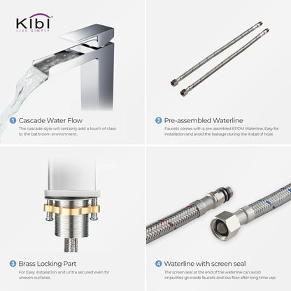 KIBI Waterfall Single Handle Chrome Solid Brass Bathroom Vanity Vessel Sink Faucet