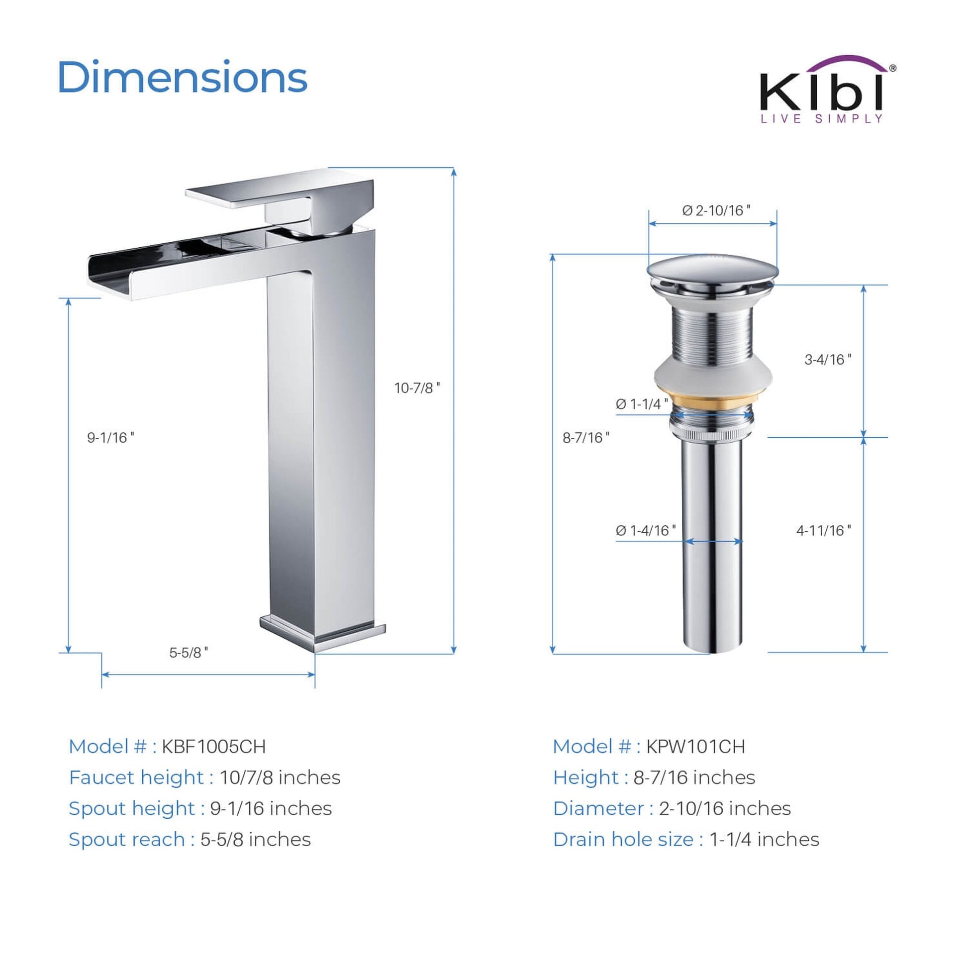 KIBI Waterfall Single Handle Chrome Solid Brass Bathroom Vanity Vessel Sink Faucet With Pop-Up Drain Stopper Small Cover Without Overflow