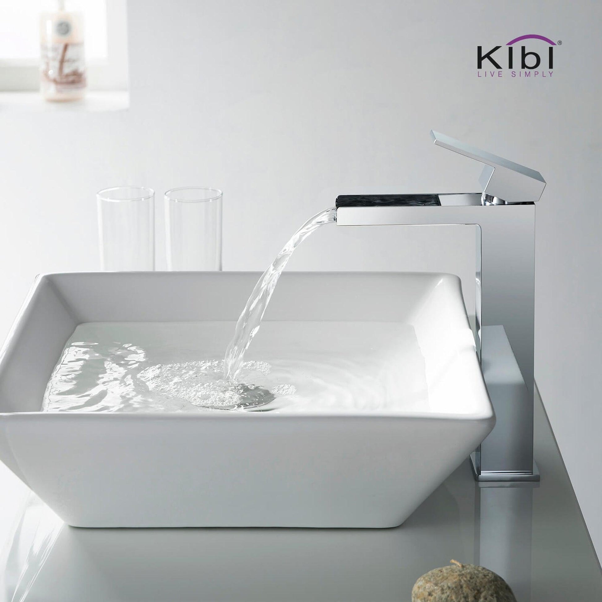 KIBI Waterfall Single Handle Chrome Solid Brass Bathroom Vanity Vessel Sink Faucet With Pop-Up Drain Stopper Small Cover Without Overflow
