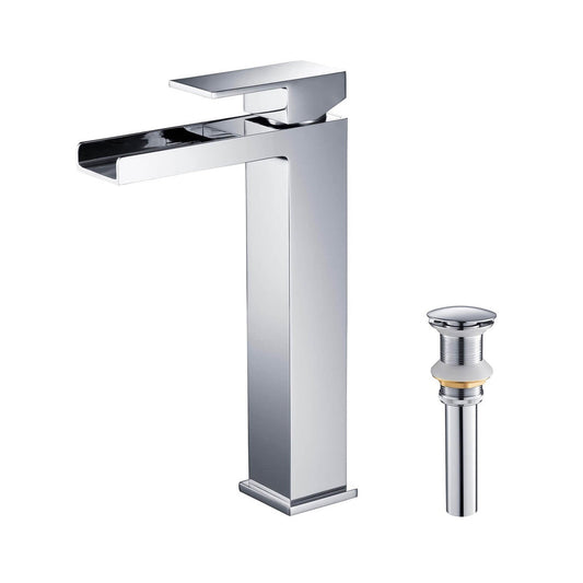 KIBI Waterfall Single Handle Chrome Solid Brass Bathroom Vanity Vessel Sink Faucet With Pop-Up Drain Stopper Small Cover Without Overflow