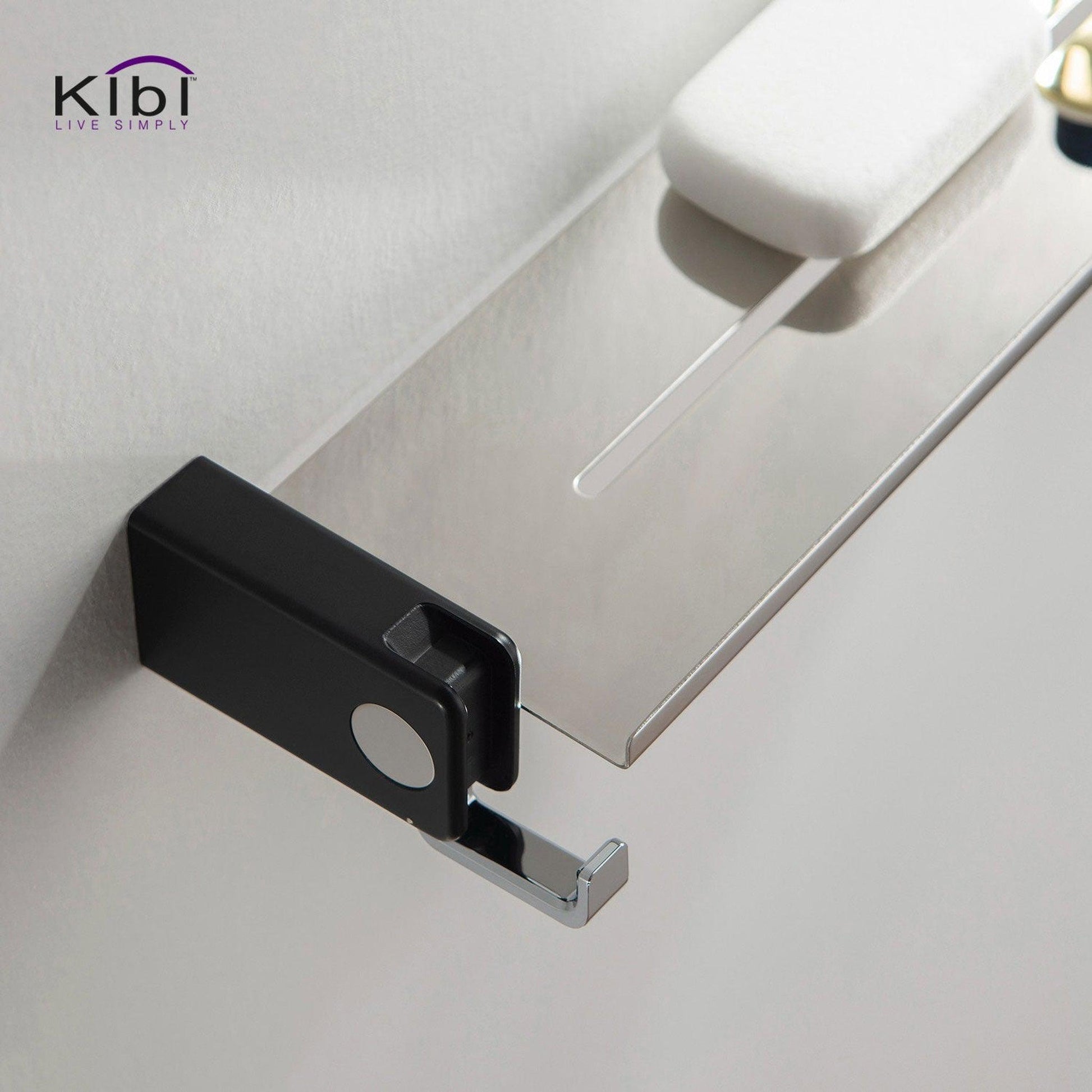 KIBI Artis Towel Shelf With Hook in Chrome Black Finish