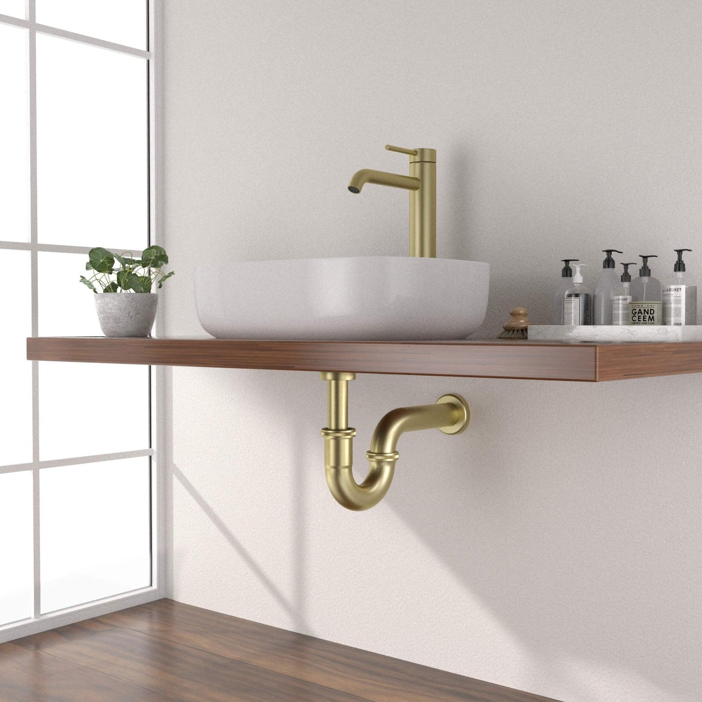 KIBI Brass 1.5" Bathroom Sink Decorative P-Trap in Brushed Gold Finish