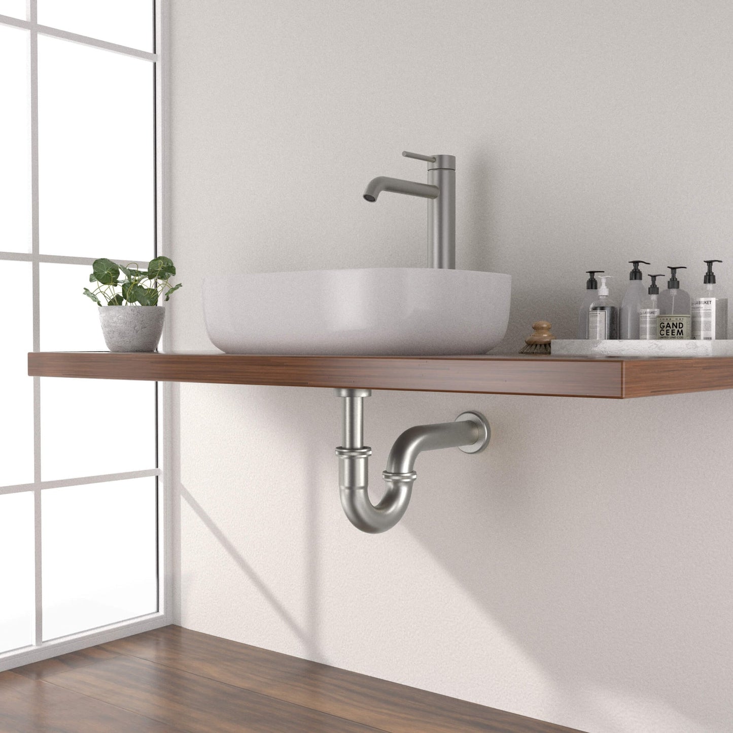 KIBI Brass 1.5" Bathroom Sink Decorative P-Trap in Brushed Nickel Finish