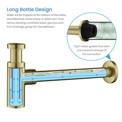 KIBI Brass Bathroom Round Bottle Trap in Brushed Gold Finish