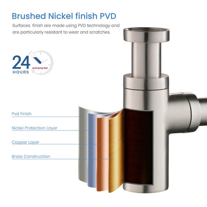 KIBI Brass Bathroom Round Bottle Trap in Brushed Nickel Finish