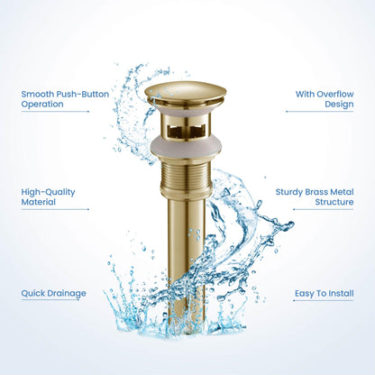 KIBI Brass Bathroom Sink Pop-Up Drain Stopper Full Cover With Overflow in Brushed Gold Finish