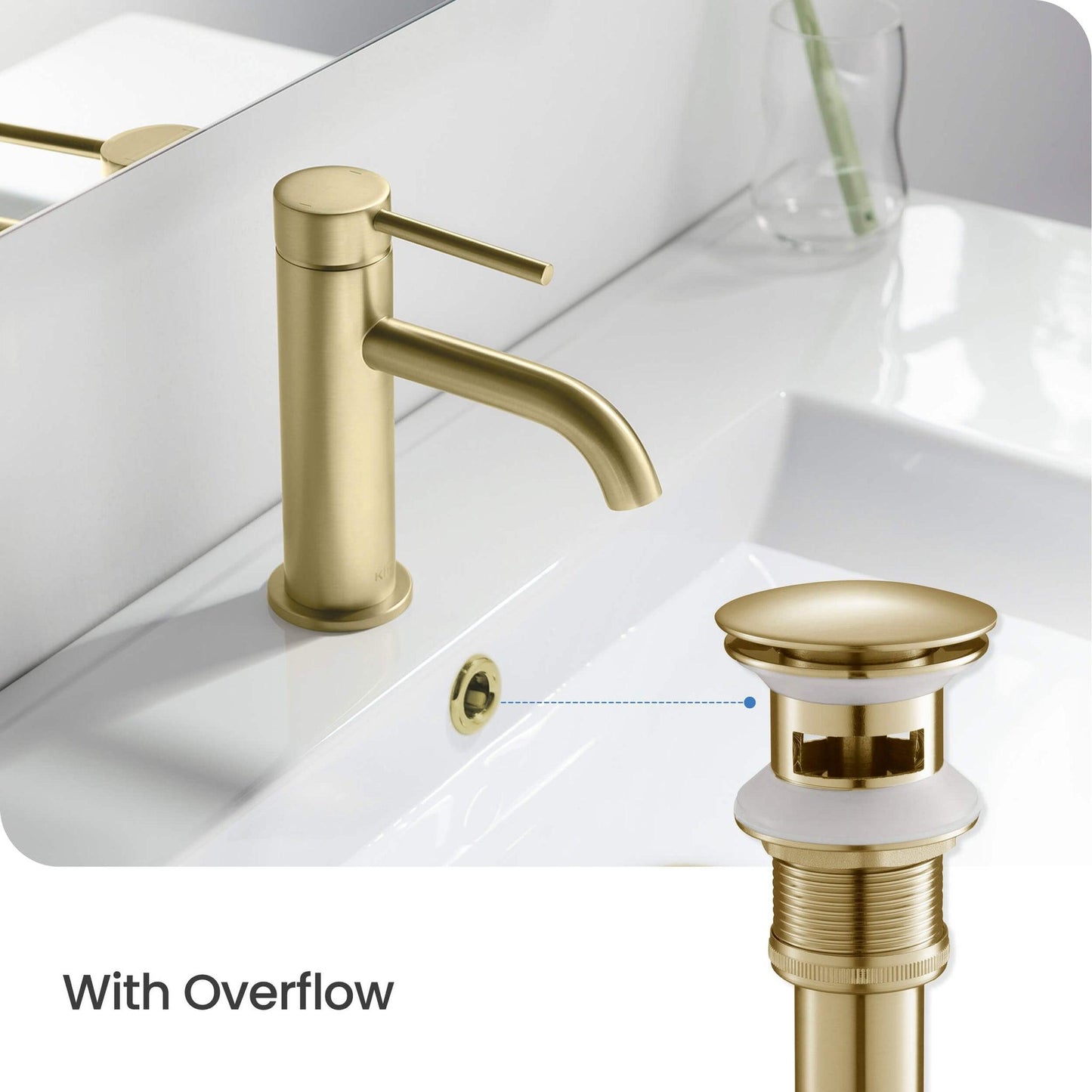 KIBI Brass Bathroom Sink Pop-Up Drain Stopper Full Cover With Overflow in Brushed Gold Finish
