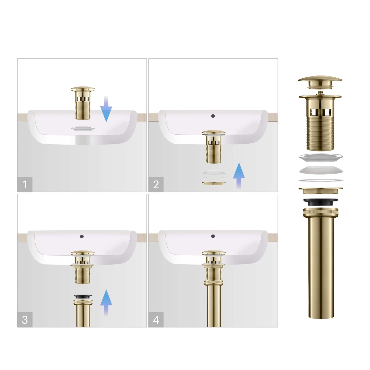 KIBI Brass Bathroom Sink Pop-Up Drain Stopper Full Cover With Overflow in Brushed Gold Finish