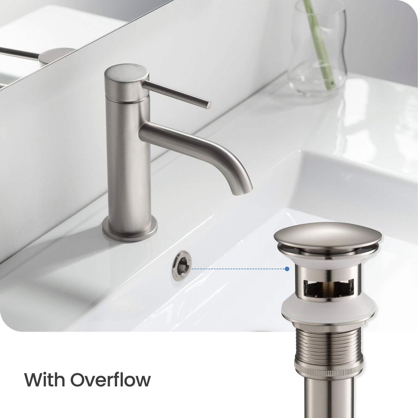 KIBI Brass Bathroom Sink Pop-Up Drain Stopper Full Cover With Overflow in Brushed Nickel Finish