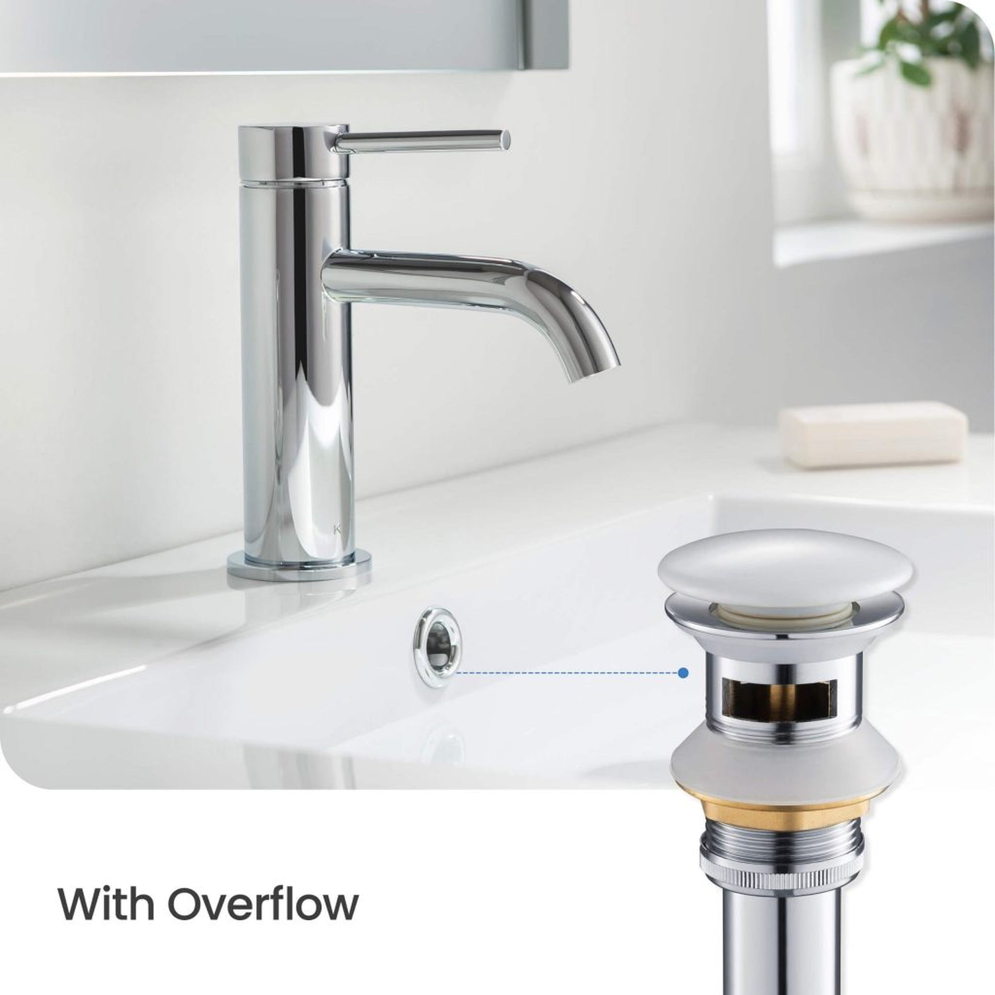KIBI Brass Bathroom Sink Pop-Up Drain Stopper Full Cover With Overflow in Chrome Finish