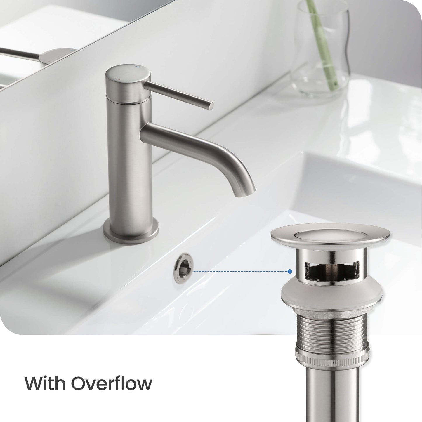 KIBI Brass Bathroom Sink Pop-Up Drain Stopper Small Cover With Overflow in Brushed Nickel Finish