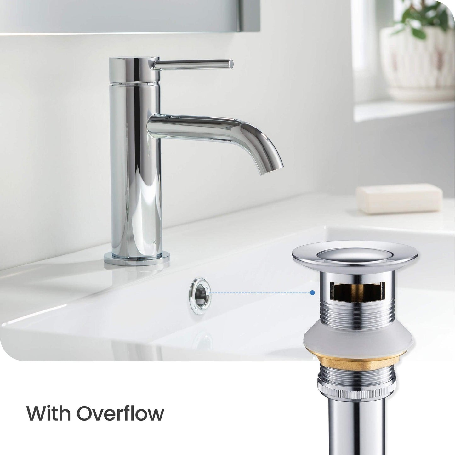 KIBI Brass Bathroom Sink Pop-Up Drain Stopper Small Cover With Overflow in Chrome Finish