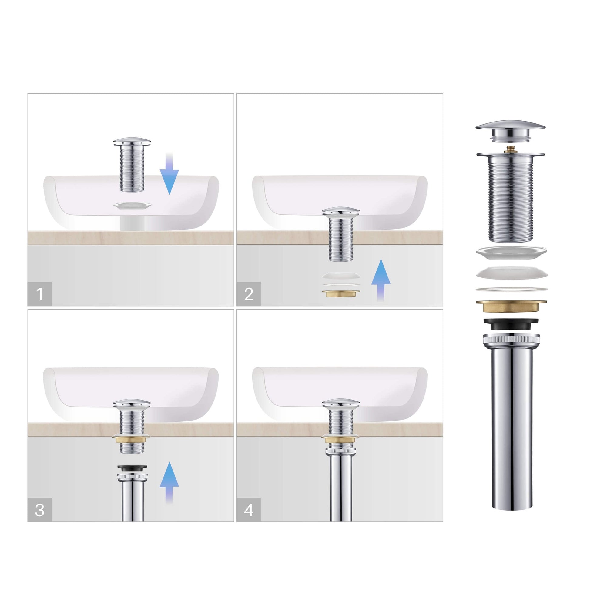 KIBI Brass Bathroom Vessel Sink Pop-Up Drain Stopper Full Cover Without Overflow in Chrome Finish