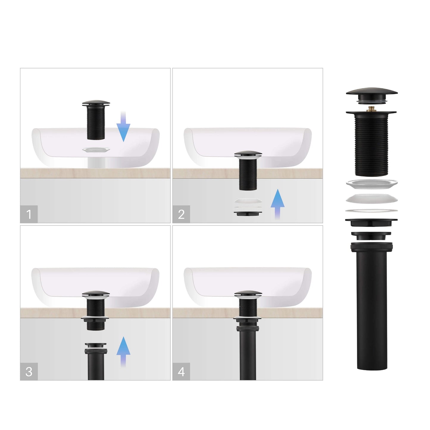 KIBI Brass Bathroom Vessel Sink Pop-Up Drain Stopper Full Cover Without Overflow in Matte Black Finish