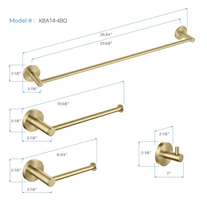 KIBI Circular Brass 4 Piece Bathroom Hardware Set in Brushed Gold Finish