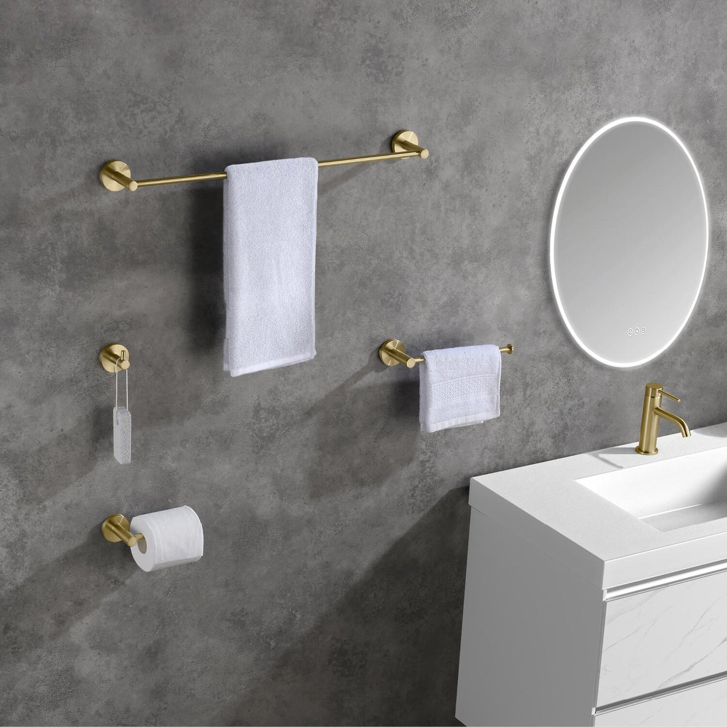 KIBI Circular Brass 4 Piece Bathroom Hardware Set in Brushed Gold Finish