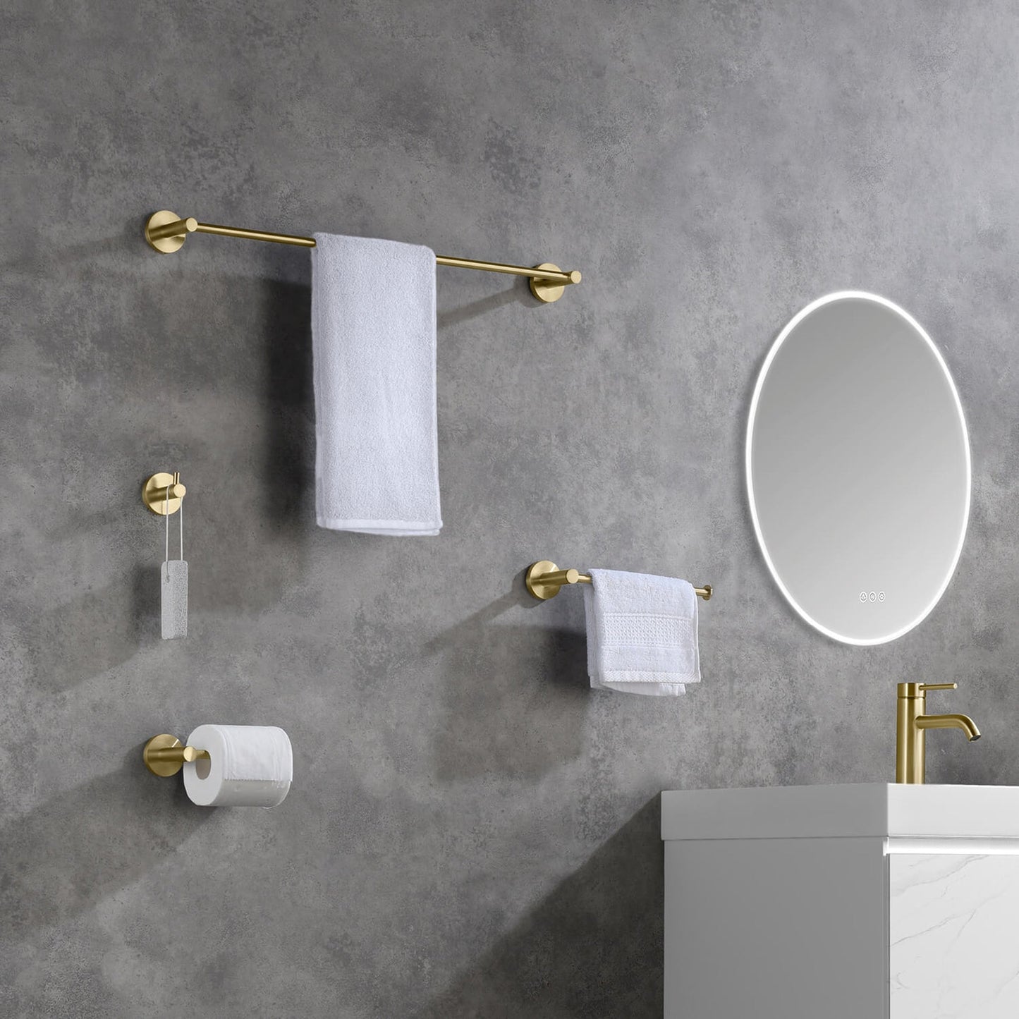 KIBI Circular Brass 4 Piece Bathroom Hardware Set in Brushed Gold Finish