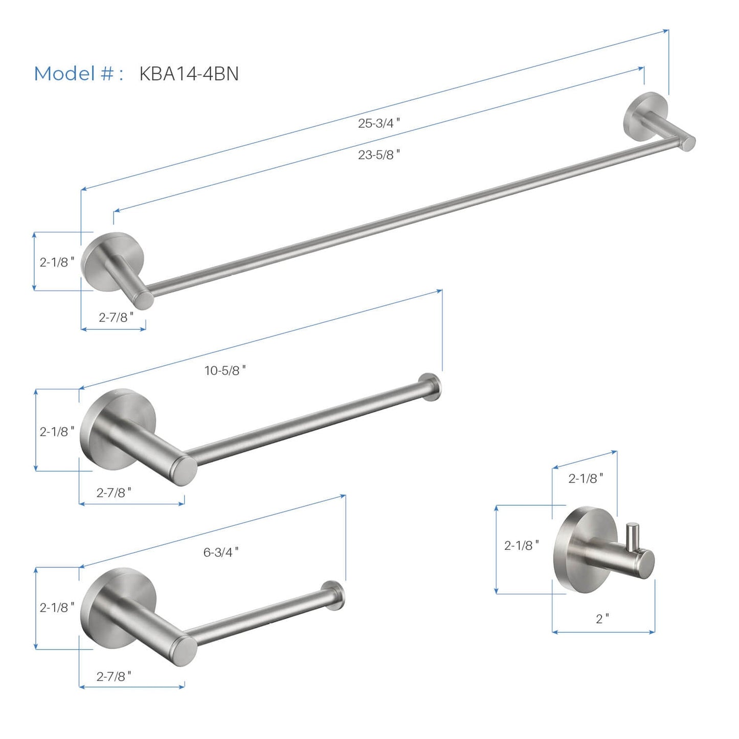 KIBI Circular Brass 4 Piece Bathroom Hardware Set in Brushed Nickel Finish