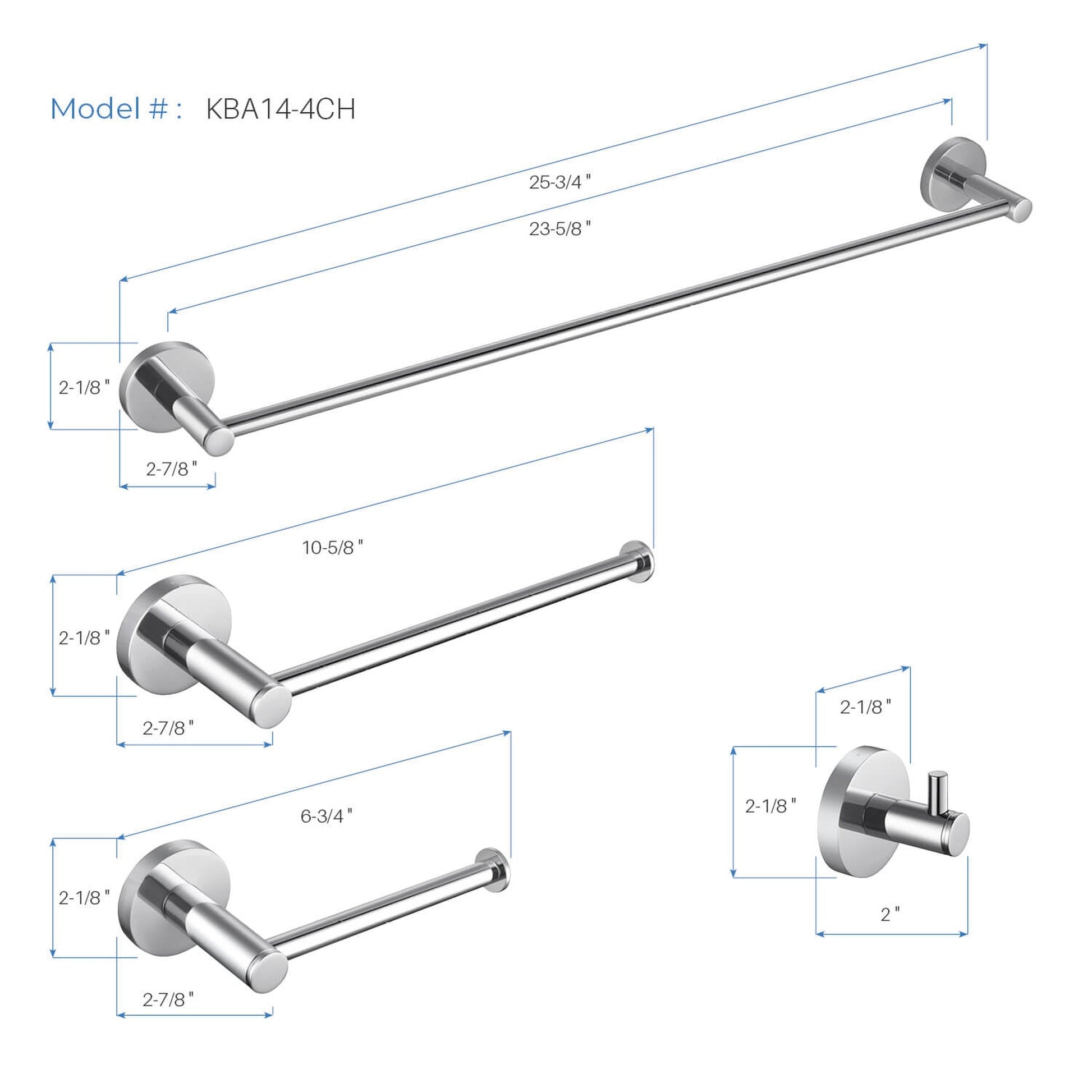 KIBI Circular Brass 4 Piece Bathroom Hardware Set in Chrome Finish