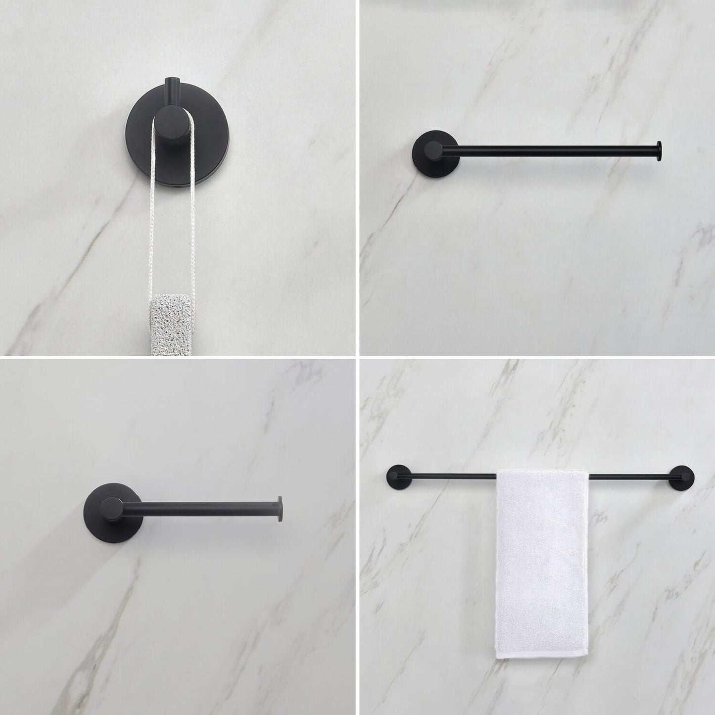 KIBI Circular Brass 4 Piece Bathroom Hardware Set in Matte Black Finish