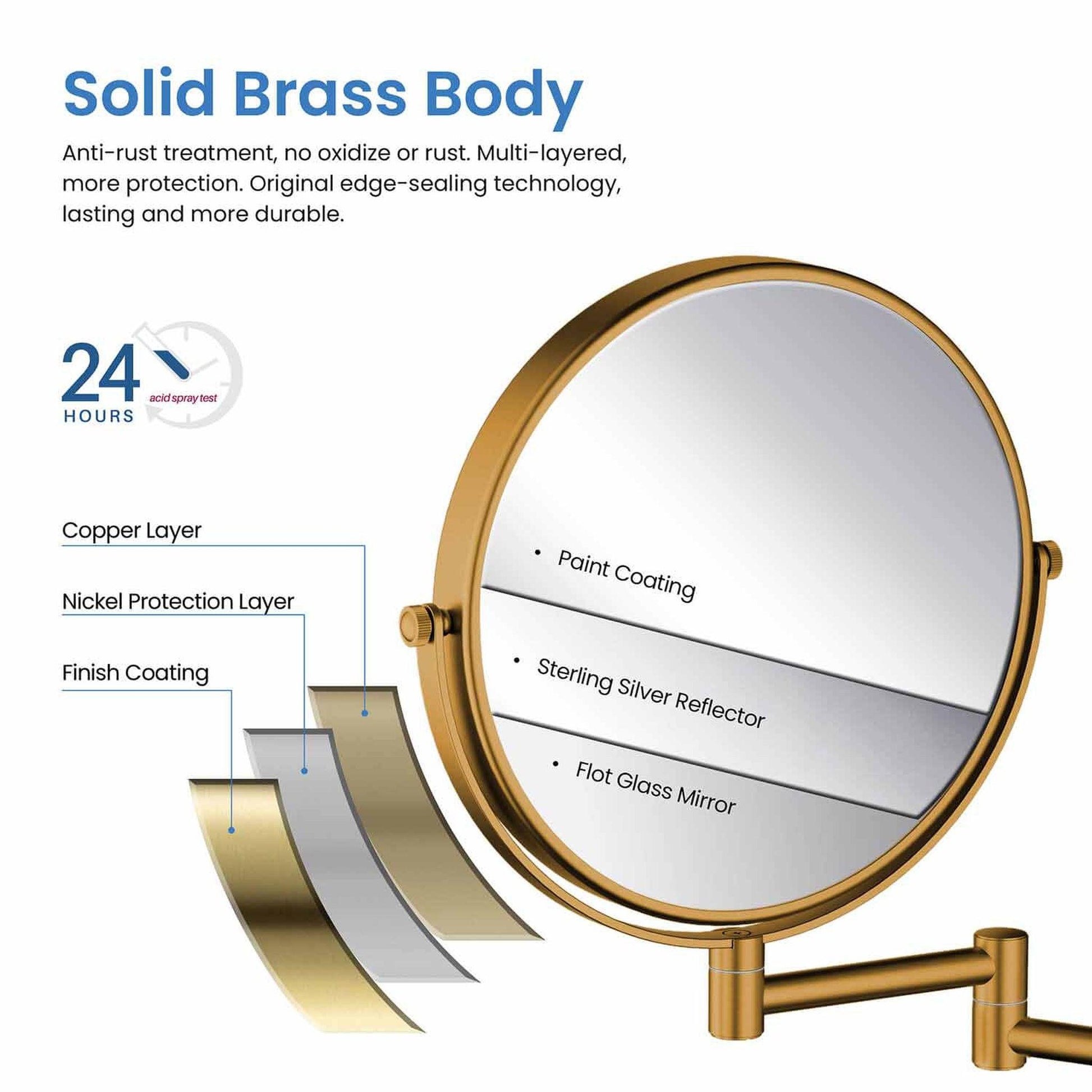 KIBI Circular Brass Bathroom Magnifying Makeup Shaving Mirror in Brushed Gold Frame Finish