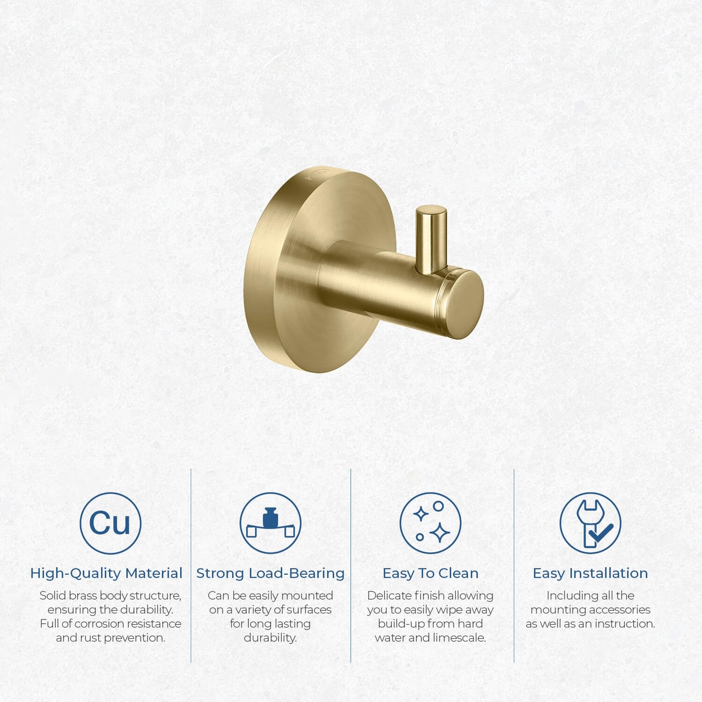 KIBI Circular Brass Bathroom Robe Hook in Brushed Gold Finish