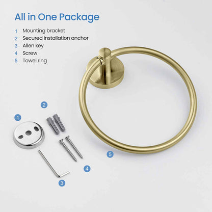 KIBI Circular Brass Bathroom Towel Ring in Brushed Gold Finish