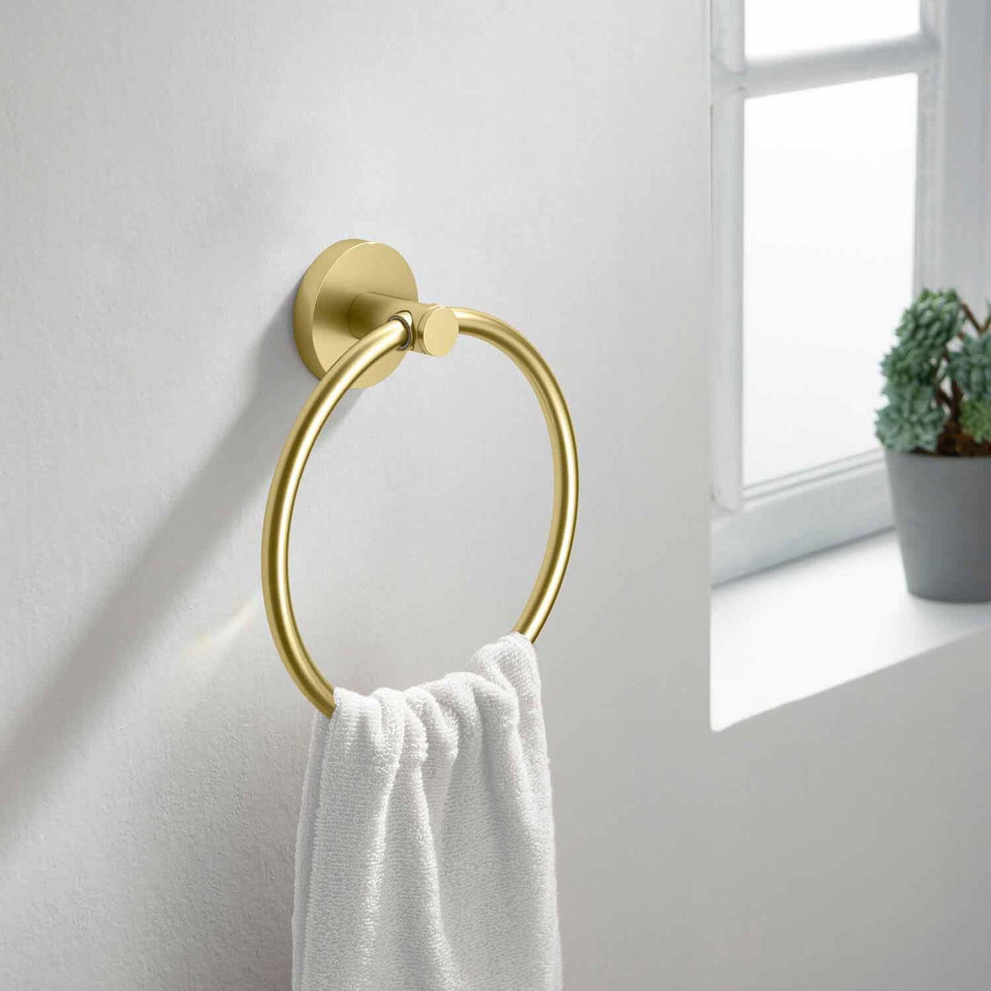 KIBI Circular Brass Bathroom Towel Ring in Brushed Gold Finish