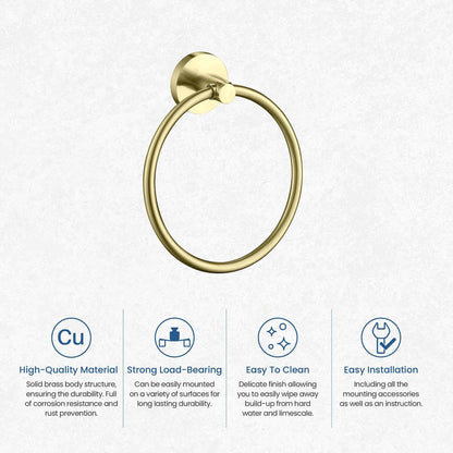 KIBI Circular Brass Bathroom Towel Ring in Brushed Gold Finish