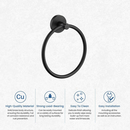 KIBI Circular Brass Bathroom Towel Ring in Matte Black Finish