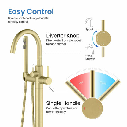 KIBI Circular Brass Single Handle Floor Mounted Freestanding Tub Filler With Hand Shower in Brushed Gold Finish