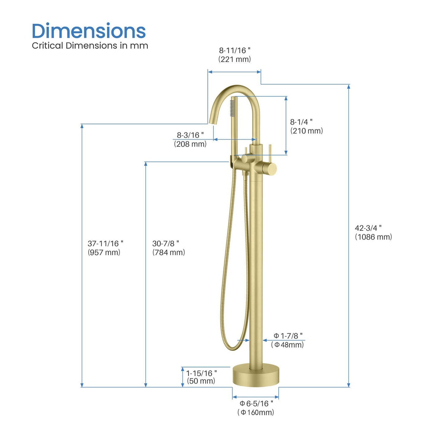 KIBI Circular Brass Single Handle Floor Mounted Freestanding Tub Filler With Hand Shower in Brushed Gold Finish