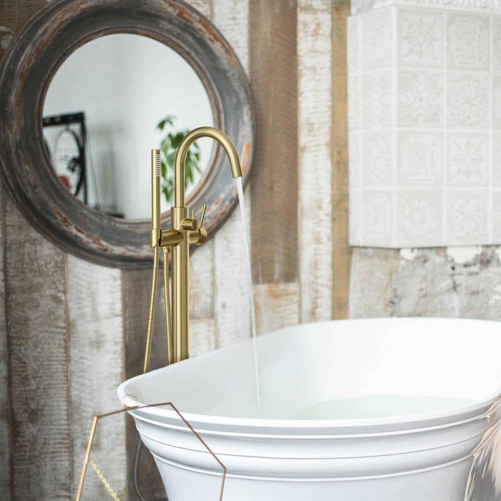 KIBI Circular Brass Single Handle Floor Mounted Freestanding Tub Filler With Hand Shower in Brushed Gold Finish