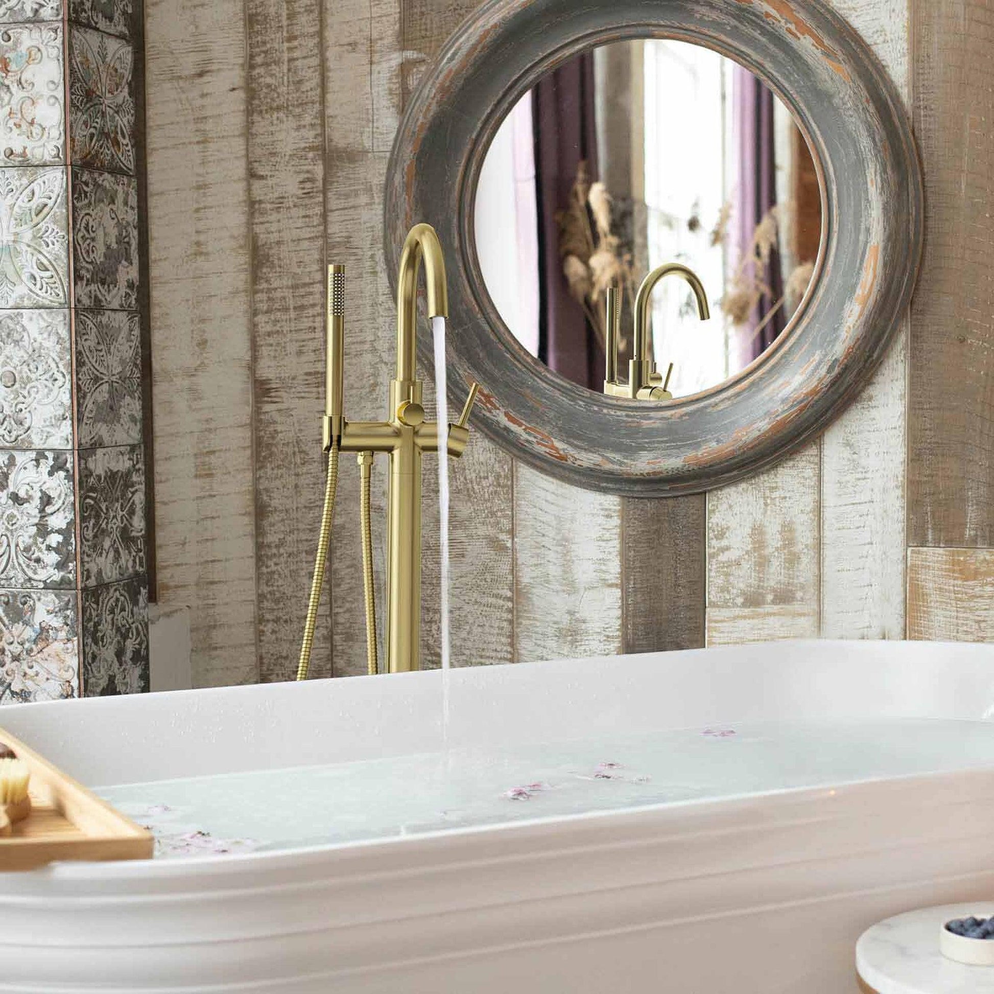 KIBI Circular Brass Single Handle Floor Mounted Freestanding Tub Filler With Hand Shower in Brushed Gold Finish