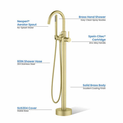 KIBI Circular Brass Single Handle Floor Mounted Freestanding Tub Filler With Hand Shower in Brushed Gold Finish