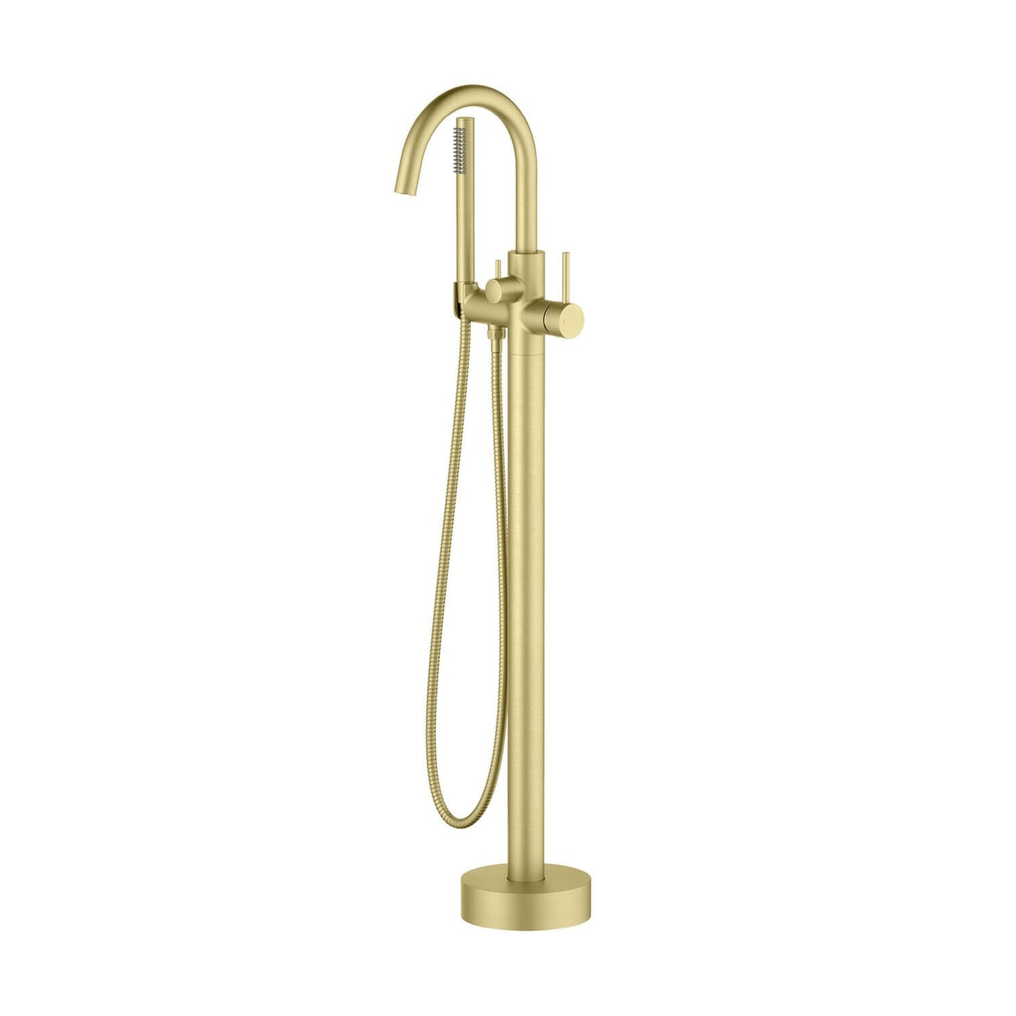 KIBI Circular Brass Single Handle Floor Mounted Freestanding Tub Filler With Hand Shower in Brushed Gold Finish