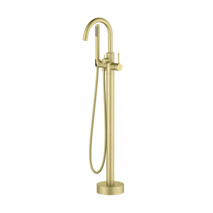 KIBI Circular Brass Single Handle Floor Mounted Freestanding Tub Filler With Hand Shower in Brushed Gold Finish