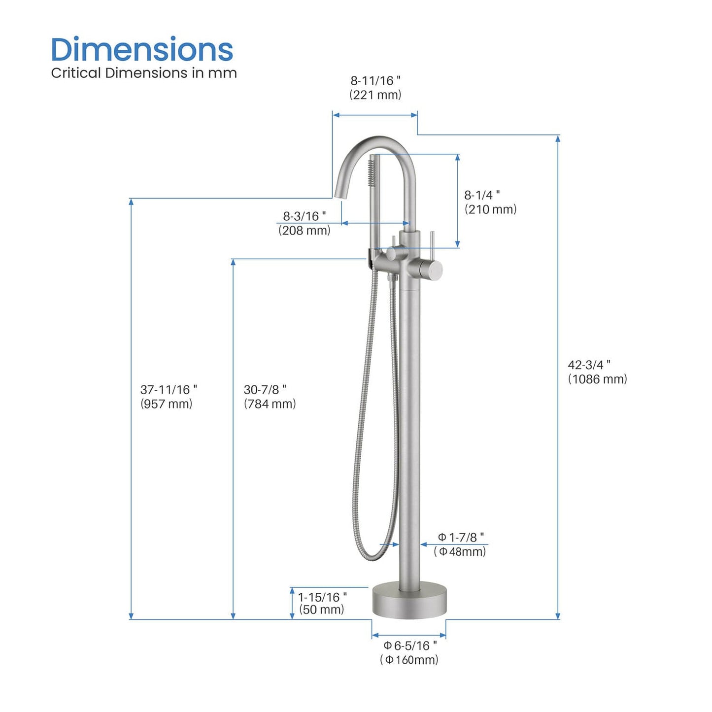 KIBI Circular Brass Single Handle Floor Mounted Freestanding Tub Filler With Hand Shower in Brushed Nickel Finish