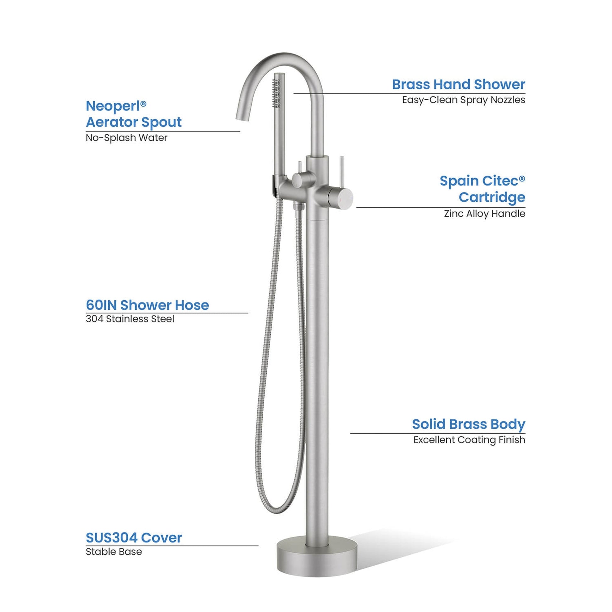 KIBI Circular Brass Single Handle Floor Mounted Freestanding Tub Filler With Hand Shower in Brushed Nickel Finish