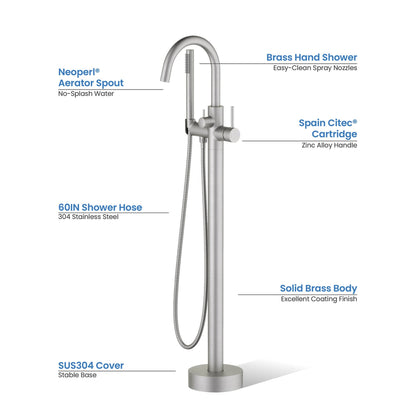 KIBI Circular Brass Single Handle Floor Mounted Freestanding Tub Filler With Hand Shower in Brushed Nickel Finish