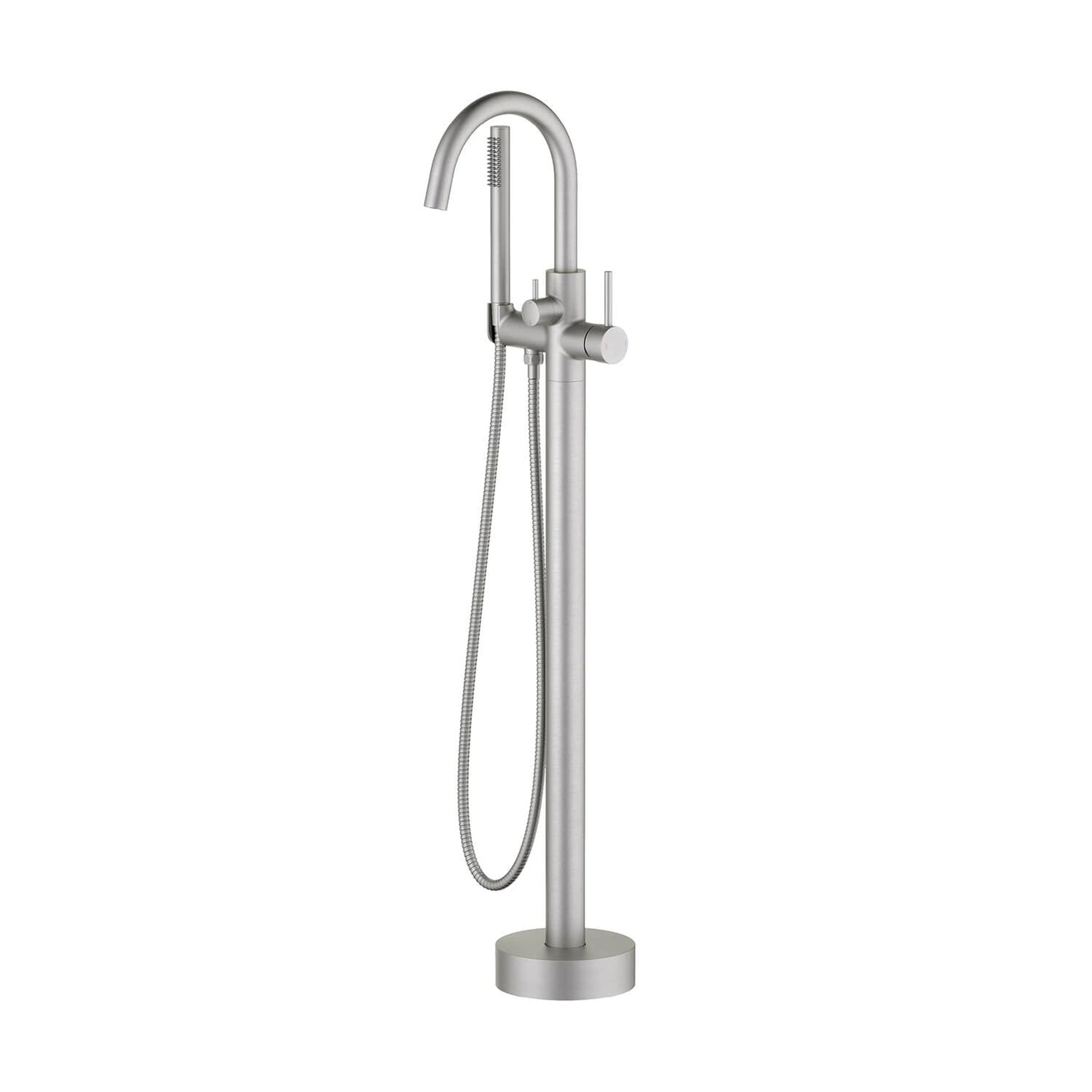 KIBI Circular Brass Single Handle Floor Mounted Freestanding Tub Filler With Hand Shower in Brushed Nickel Finish