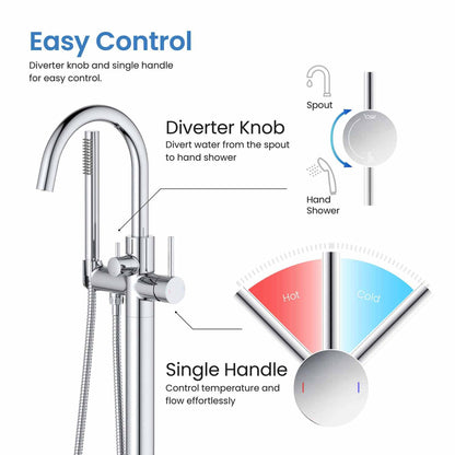 KIBI Circular Brass Single Handle Floor Mounted Freestanding Tub Filler With Hand Shower in Chrome Finish