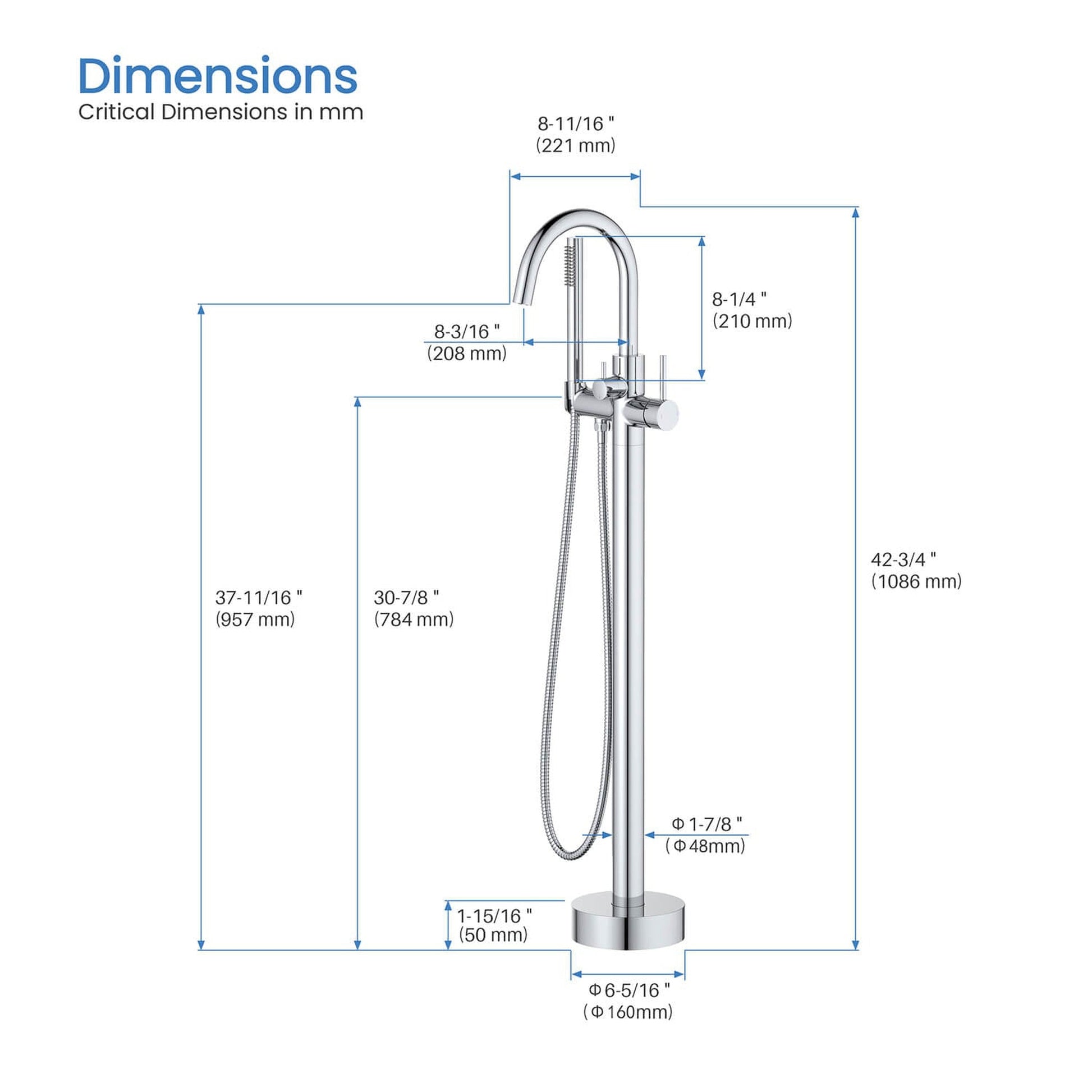 KIBI Circular Brass Single Handle Floor Mounted Freestanding Tub Filler With Hand Shower in Chrome Finish